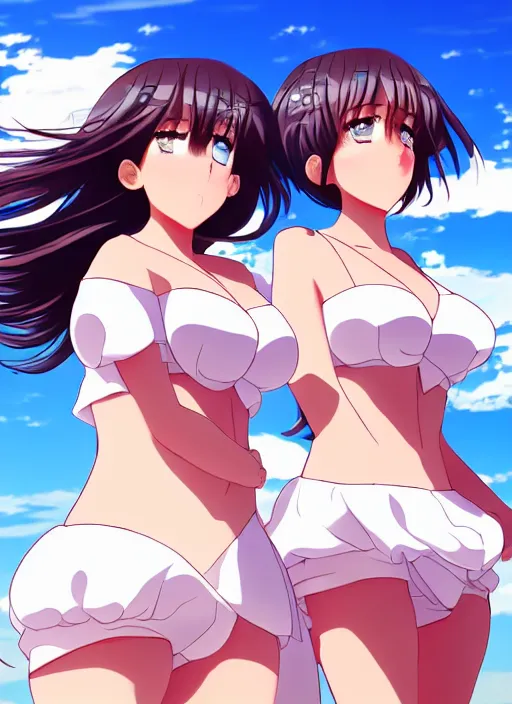 Image similar to two beautiful mothers under a blue sky, summer clothes, gorgeous faces, thick lines, cinematic lighting, detailed anime art