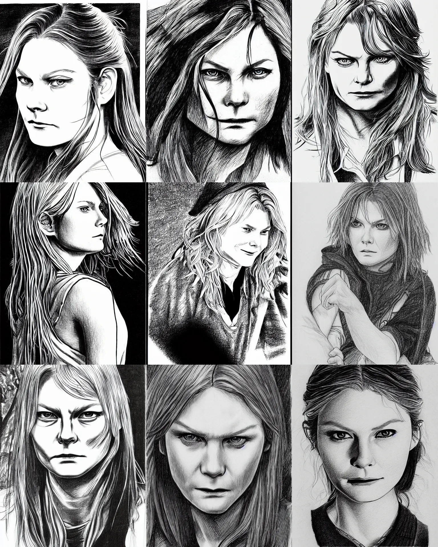 Prompt: detailed drawing of kirsten dunst in vagabond manga by takehiko inoue, black ink