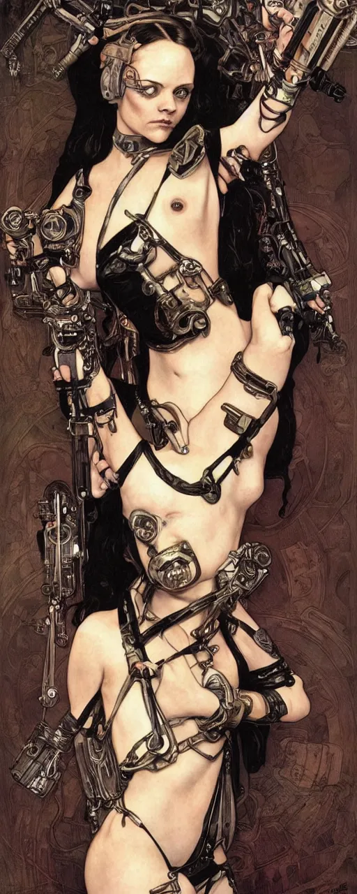 Prompt: striking sensual industrial art nouveau style portrait of christina ricci as a cyberpunk heavy metal rebel soldier by travis charest, simon bisley and alphonse mucha, photorealism, extremely hyperdetailed, perfect symmetrical facial features, perfect anatomy, ornate declotage, weapon, latex, excited expression, wild eyes