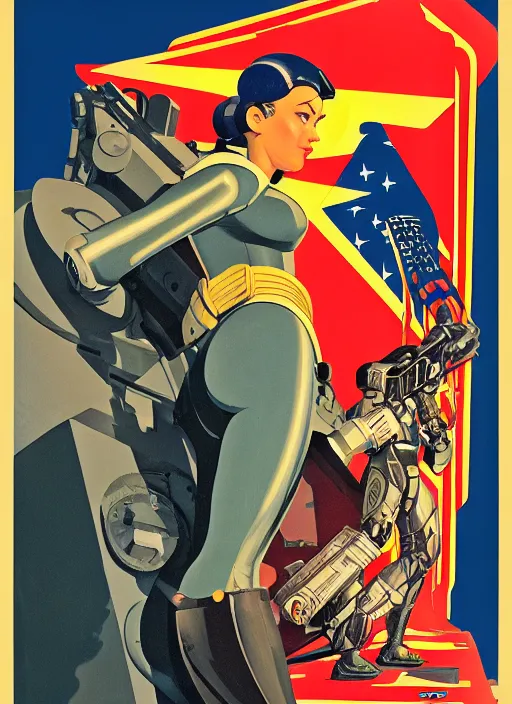 Prompt: american propaganda poster art. powerful cyberpunk pilot. portrait by jean giraud and anton otto fischer and john philip falter and will eisner and gil elvgren and pixar. full body. realistic proportions. science fiction d & d. overwatch, rb 6 s, cyberpunk 2 0 7 7, blade runner 2 0 4 9 concept art. cel shading. thick lines.