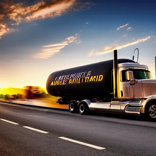 Image similar to an American style fuel transport truck on an interstate highway, high contrast, golden hour, photo from a company website