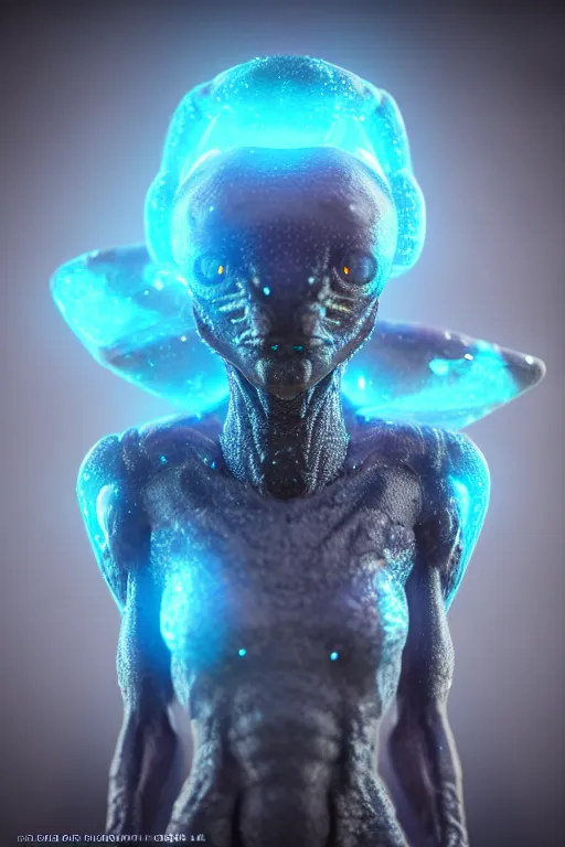 Image similar to skin concept alien, in full growth, mineral crystals instead of skin, magical crystals, smoky crystals, translucent crystals, luminous sparkling crystals, many details, 3 d, cinematic, hyper realism, high detail, octane render