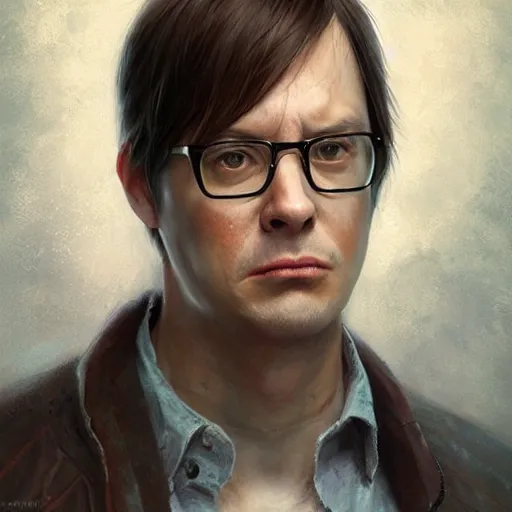 Image similar to hyper realistic, portrait of dwight shrute : : 2, ethnicity : japanese, epicanthal fold, painted by greg rutkowski, wlop, loish,