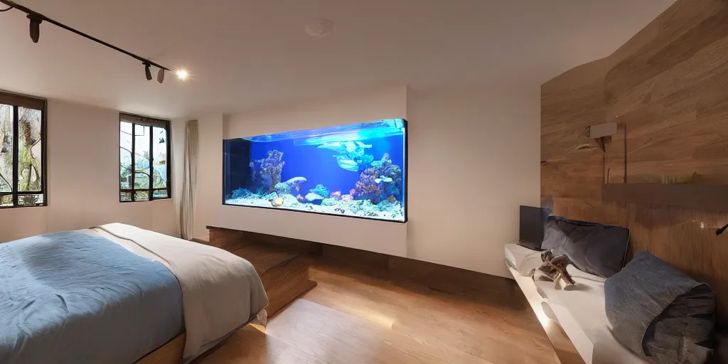 Image similar to a bedroom with an aquarium behind the headboard, rays of light from the television on at midnight, calm environment, cinematic lighting, glare
