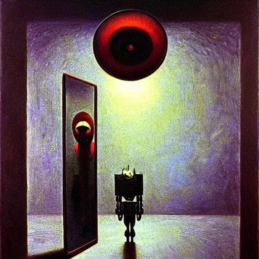 Image similar to The robot recognizes itself in the mirror- contest-winning artwork by Salvador Dali, Beksiński, Van Gogh and Monet. Stunning lighting