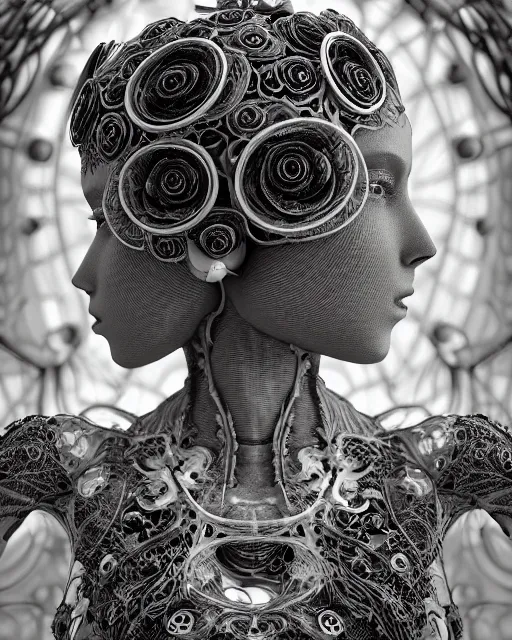 Image similar to mythical dreamy black and white organic bio-mechanical spinal ribbed profile face portrait detail of translucent steampunk beautiful female angelic-human-queen-vegetal-cyborg, highly detailed, intricate trnaslucent ivy jelly ornate, poetic, translucent roses ornate, 3D render, digital art, octane render, 8K artistic photography, photo-realistic, by Dora Maar