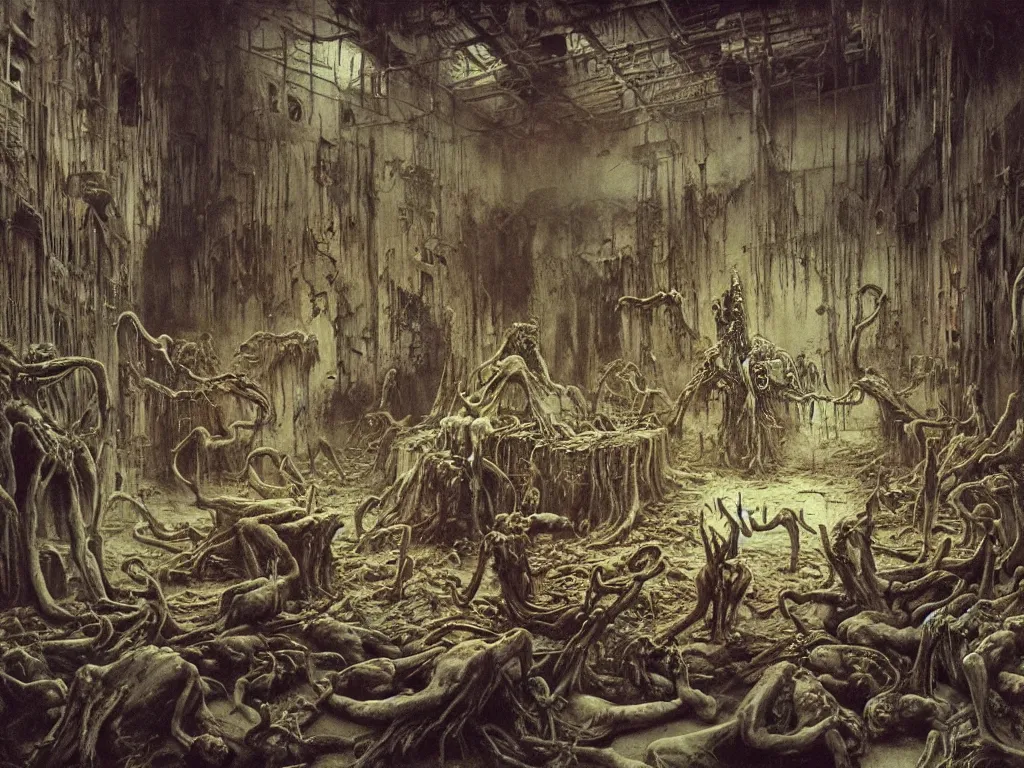 Image similar to an eerie painting of a cacophony of demons sacrificing humans in a grungy derelict georgian manor interior with colourful graffiti on the walls and garbage scattered on the floor, reclaimed by nature by zdzisław beksinski, wayne barlowe, hr giger, luis royo, agostino arrivabene