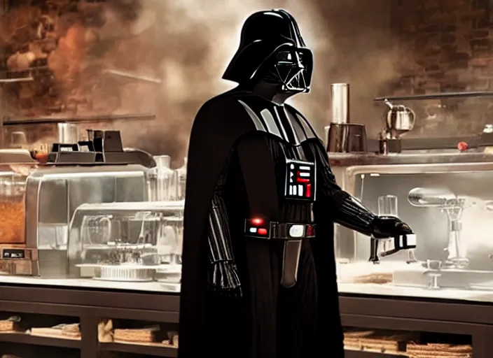 Image similar to film still of Darth Vader working as a barista in the new Star Wars movie, 4k