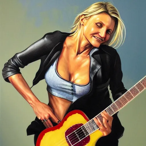 Prompt: a hyperrealistic painting of cameron diaz playing a guitar by Jason Edmiston,