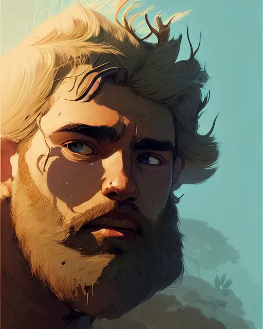 Prompt: hyper - realistic portrait of god of the forest, rugged, male, detailed face, r by atey ghailan, by greg rutkowski, by greg tocchini, by james gilleard, by joe fenton, by kaethe butcher, dynamic lighting, gradient light blue, brown, blonde cream and white color scheme, grunge aesthetic