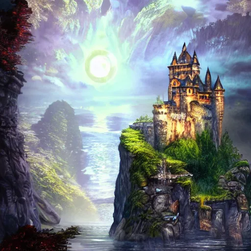 Prompt: a castle on top of a rocky edge that drops down into a waterfall, fantasy inspired, realistic water, high detail, trending, concept art, castlevania styled castle, moon over the castle, night, slightly foggy, masterpiece, high resolution