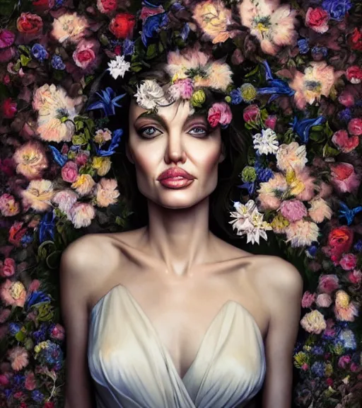 Image similar to portrait of the angelina jolie, surrounded by flowers by karol bak, james jean, tom bagshaw, rococo, symmetrical eyes, trending on artstation, cinematic lighting, hyper realism, octane render, 8 k, hyper detailed.