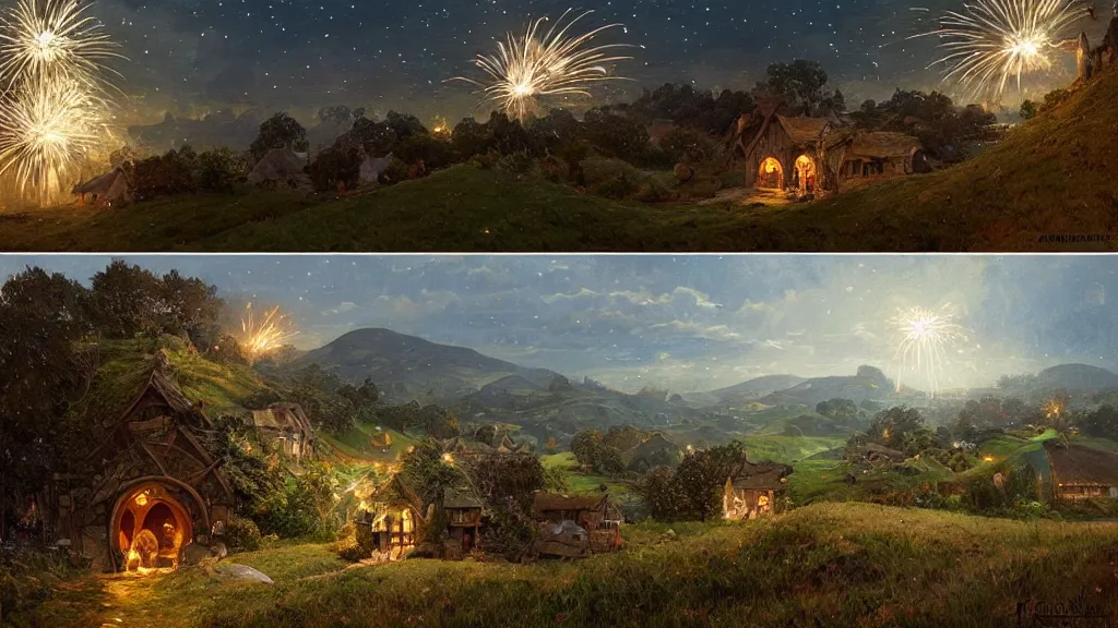 Image similar to a beautiful painting of hills in the shire with round hobbit doors and windows during a fireworks festival, at night with a sky full of stars and fireworks, intricate, elegant, highly detailed, digital painting, artstation, concept art, by krenz cushart and artem demura and alphonse mucha