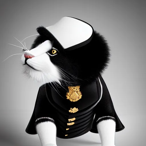Prompt: Black and White cat dressed as napoleon in full dress uniform, hyper realistic, photorealistic, extremely detailed fur, octane render, 8k, intricate details, studio lighting