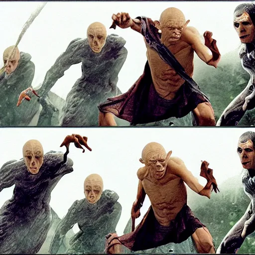 Image similar to Gollum fights volandemort , action , in motion , wizard , magic