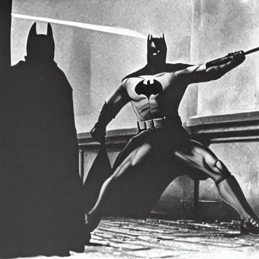 Prompt: old black and white photo, 1 9 1 3, depicting batman fighting a bad guy in an ally of new york city, rule of thirds, historical record