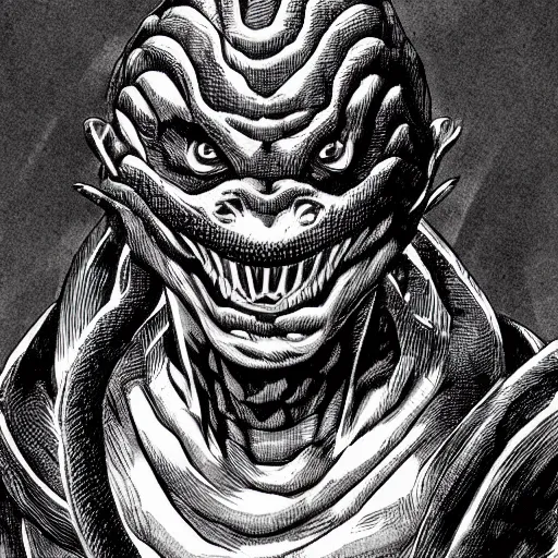 Image similar to a snake with a human face, kentaro miura art style