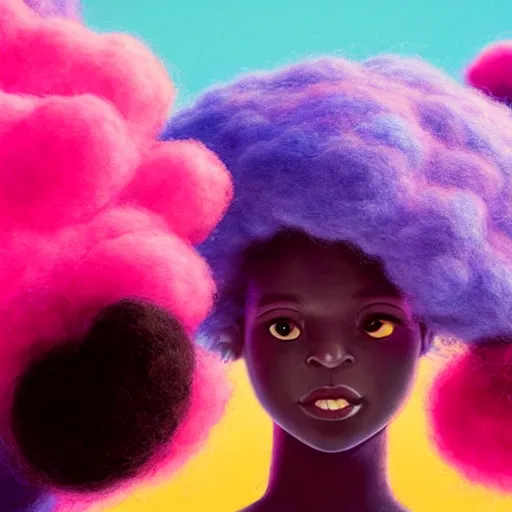 Image similar to a black girl with big cute! eyes and a colorful afro dancing in a filed of cotton candy at sunset, bright colors, synthwave, watercolor, volumetric wool felting, felt, macro photography, children illustration, global illumination, radiant light, detailed and intricate environment, by goro fujita, bokeh!!!!