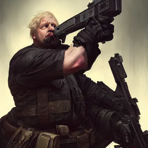 Prompt: Boris Johnson as Punisher, portrait, highly detailed, digital painting, artstation, concept art, sharp focus, illustration, cinematic lighting, art by artgerm and greg rutkowski and alphonse mucha