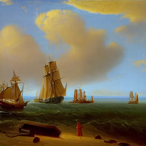 Image similar to clouds made out of the universe with luminous skies and a ship sailing in the distance, fitz Henry lane, painting, detailed