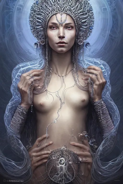 Image similar to a centered render of an alluring post apocalyptic goddess with wearing ornate silver and gemstones and crystal clothing surrounded by flowing liquid gallium jellyfish and sacred geometry, perfect body and face, gorgeous, cinematic, beautifully lit, by tomasz alen kopera and peter mohrbacher and craig mullins, 3 d, trending on artstation, octane render, 8 k