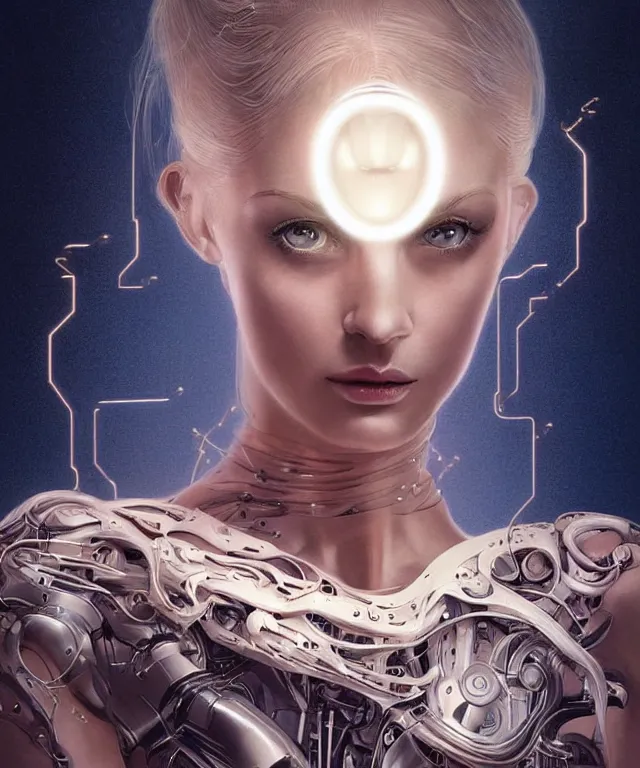 Image similar to a woman turning into an Android portrait wearing a part cybernetic body, surrealism , scifi, intricate, elegant, sharp eyebrows, ornate long flowing blonde hair, highly detailed cybernetic body, neon glowing eyes, digital painting, artstation, concept art, smooth, sharp focus, illustration, art by Artgerm and moebius and Peter Mohrbacher