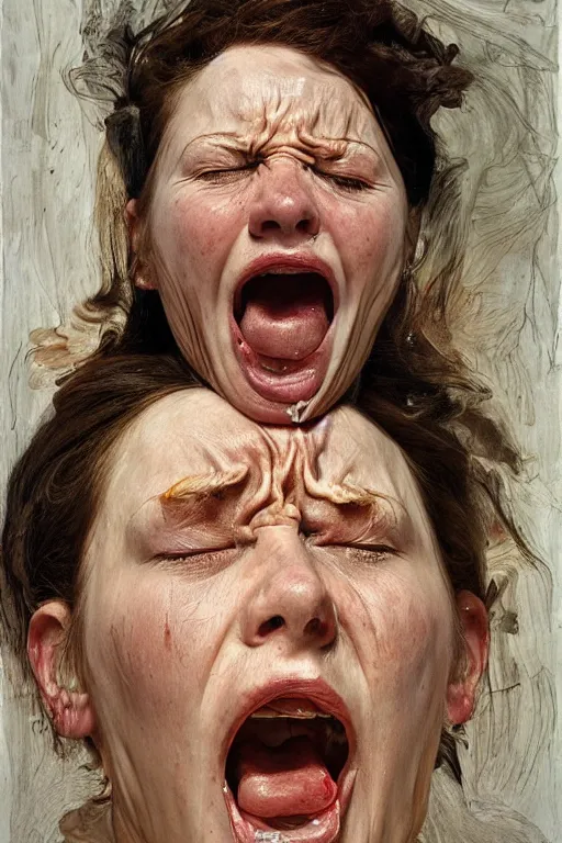 Image similar to a woman enraged, part by Jenny Saville, part by Lucian Freud