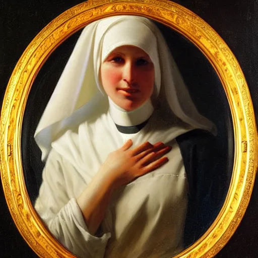 Prompt: a portrait of a beautiful nun, painted by Delphin Enjolras and Franz Xaver Winterhalter, oil painting