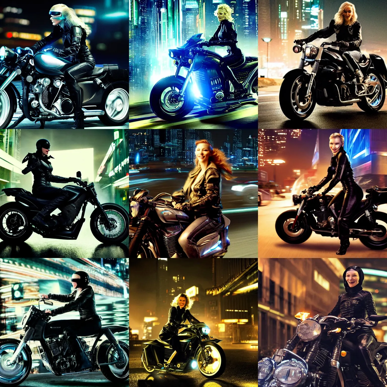 Prompt: cate blanchet riding a motorcycle at night , cyberpunk