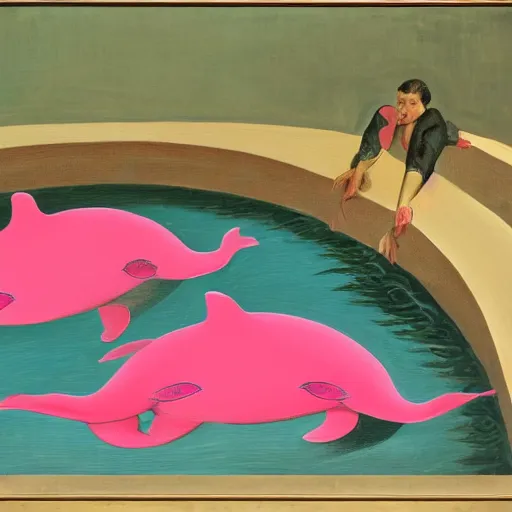 Prompt: a highly detailed oil painting of 3 pink dolphins, in a cheese world, 4 k, trending on art station, in the style of dali, boch, matisse caravaggio, comical