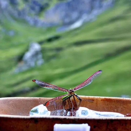 Image similar to dragonfly in a bathtub in the alps, goats! in background