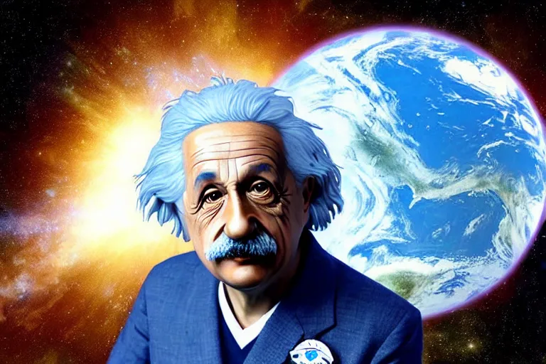 Image similar to still fullbody photo of sad albert einstein in spacesuit, giant flat earth on elephants and turtle at background, highly detailed, photorealistic shot, bright studio setting, studio lighting, crisp quality and light reflections, unreal engine 5 quality render