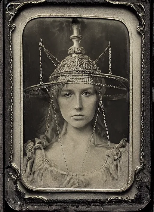 Prompt: old wetplate daguerreotype portrait of lady justice, explosion of data fragments, fractal, intricate, elegant, highly detailed, parallax, leica, medium format, subsurface scattering, portrait, elegant, highly detailed, matte painting, by stanley spencer