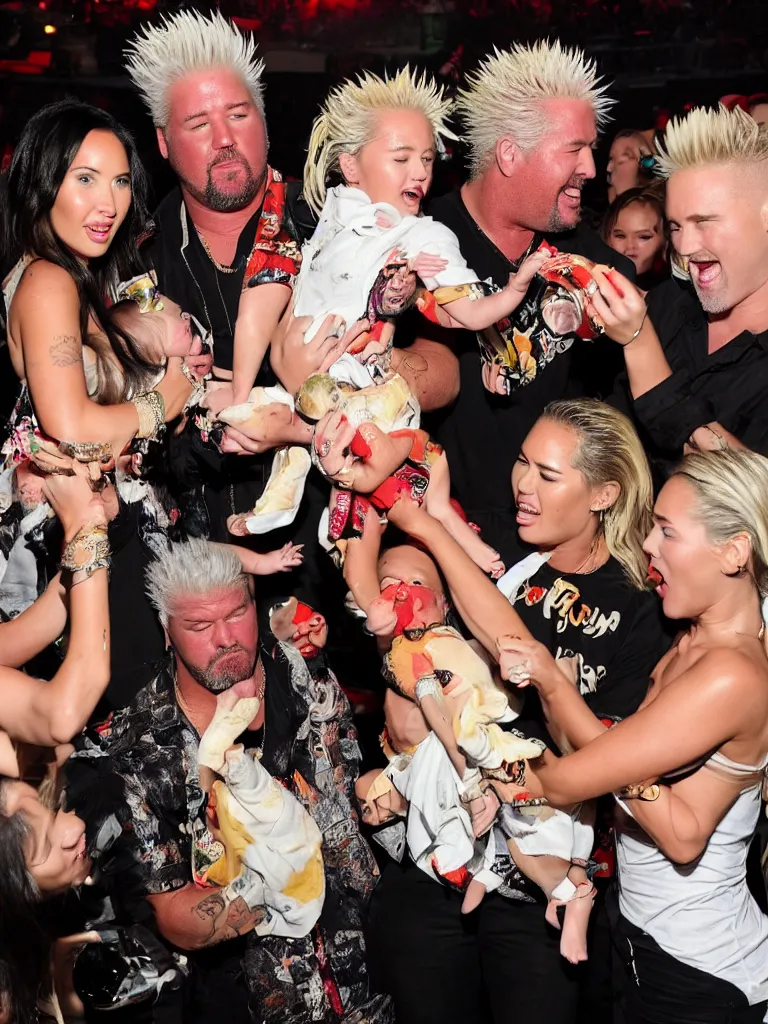 Image similar to olivia munn and miley cyrus and guy fieri holding their baby in a mosh pit