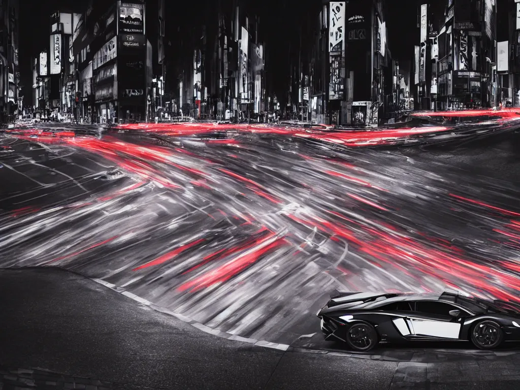 Prompt: a Photorealistic hyperdetailed hyper realistic dramatic moody Low angle night time close up render of a Lamborghini Aventador speeding in the middle of busy shibuya crossing Tokyo, Bright vibrant colors with multiple long light trails,Beautiful dramatic moody tones and lighting,cinematic atmosphere,photorealism,8K