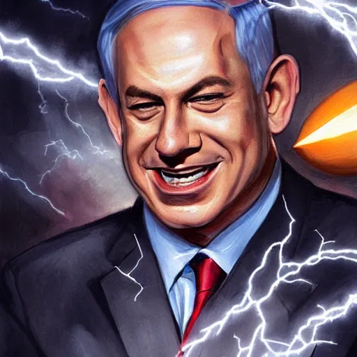 Image similar to portrait of benjamin netanyahu grinning while holding many lightning bolts, villain art, by artgerm