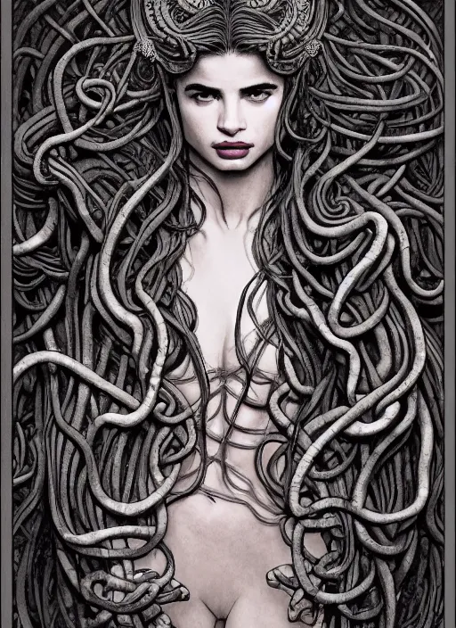 Prompt: movie poster of anne curtis as medusa looking for camera wearing greek chiton, fantastically eerie, high concept, desaturated colors, pen and ink, low - key lighting, glamorous pose, intricate line drawings, by drew struzan, ruan jia, kentaro miura, greg rutkowski, victo ngai