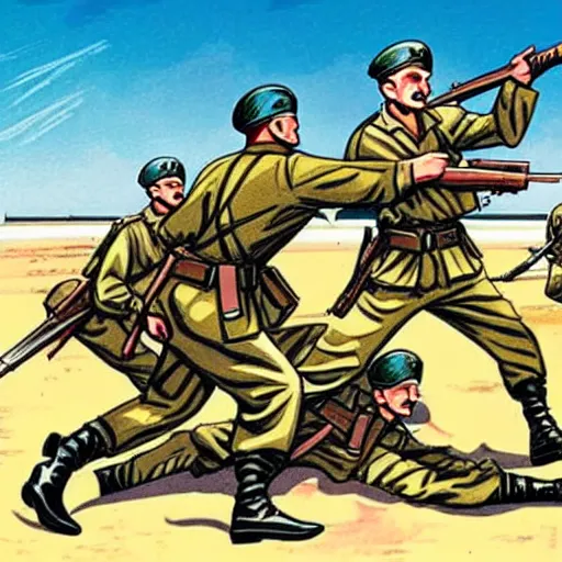 Image similar to a comic book art rendition of world war ii soldiers fighting on a beach