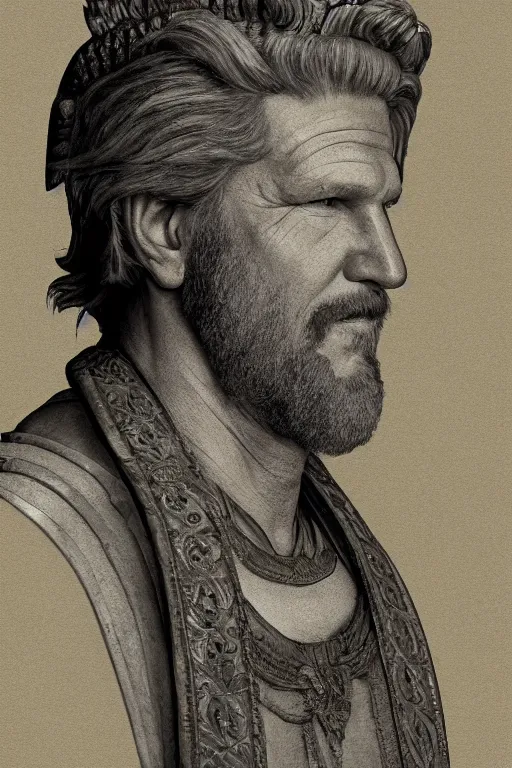 Prompt: Illustration of Jeff Bridges as a Roman Emperor wearing a Laurel wreath, Artstation, hq 8k cinematic