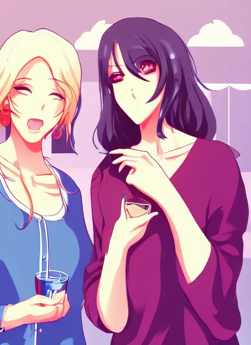 Image similar to two beautiful mature women in a summer home, casual summer clothes, gorgeous faces, thick lines, cinematic lighting, detailed anime art