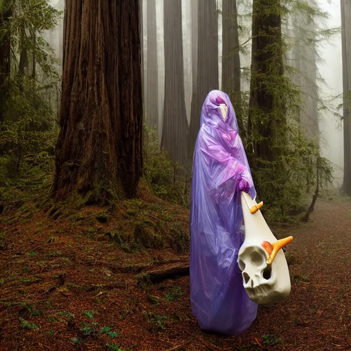 Image similar to a color photograph, closeup portrait of a woman wrapped in plastic, holding a unicorn skull, in a foggy redwood forest, color photograph, by vincent desiderio, canon eos c 3 0 0, ƒ 1. 8, 3 5 mm, 8 k, medium - format print