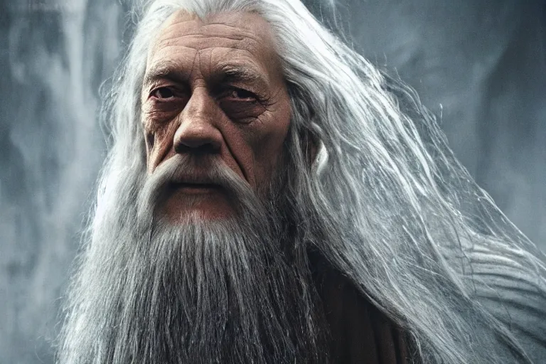 Image similar to gandalf with the face of lance henriksen stood outside orthanc, style of h. r. giger, directed by david fincher, muted tones, detailed