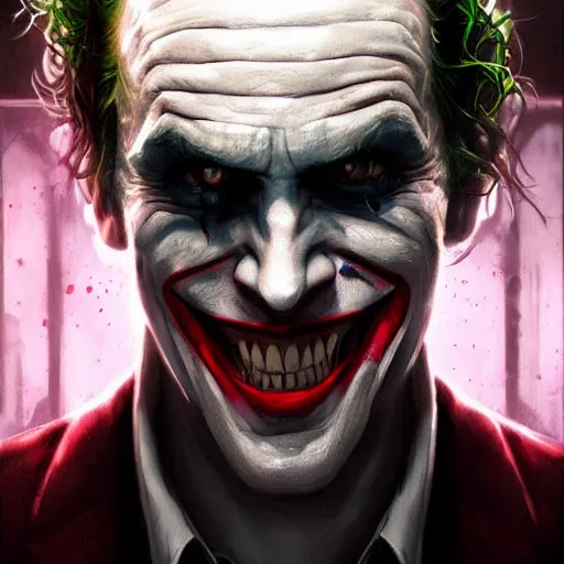 Image similar to portrait of the joker,digital art,art by greg rutkowski,hyperdetailed,photorealistic,detailed face,character design,art by greg rutkowski,trevor henderson,ross tran,deviantart,artstation,cg society