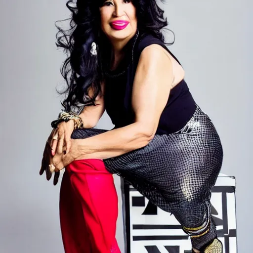 Image similar to dslr fashion!! photo portrait still of 5 1 year old age 5 1 selena quintanilla at age 5 1!!!, 8 5 mm f 1. 8, studio lighting, vogue