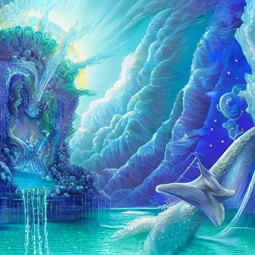 Image similar to gilbert williams portrait of a crystal temple in atlantis, iridescent dolphins swimming in the sea, unicorn flying in the sky, paleozoic anima flying in the sky,