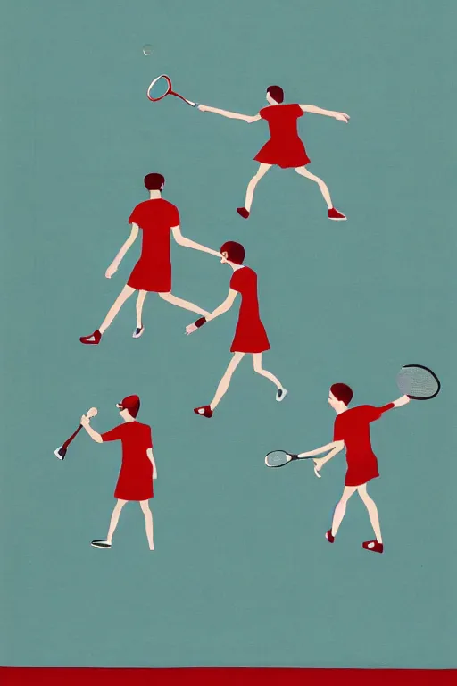 Prompt: an illustration of a tennis match by Marcel Dzama, Oliver Jeffers, and Edward Hopper. Screen Printed. Paper texture
