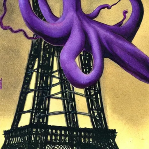 Image similar to Giant purple octopus climbing the Eiffel Tower, concept art by Ray Harryhausen