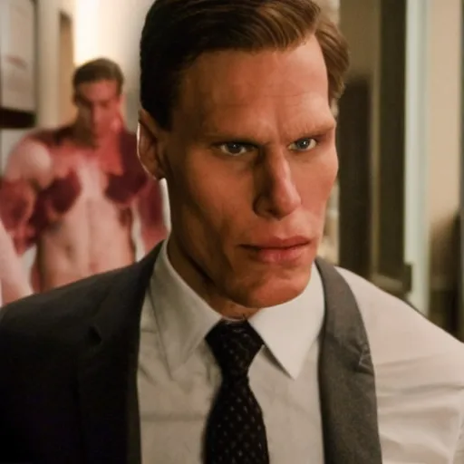 Image similar to Live Action Still of Jerma in American Psycho, real life, hyperrealistic, ultra realistic, realistic, highly detailed, epic, HD quality, 8k resolution, body and headshot, film still