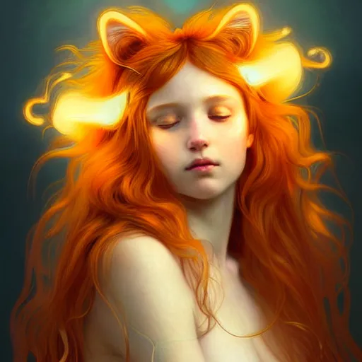 Image similar to Portrait of a girl angel with pale orange colored frizzy strands of illuminated hair, cat ears on her head, glowing halo, Lion's Mane, fantasy, intricate, elegant, highly detailed, digital painting, artstation, concept art, smooth, sharp focus, illustration, art by Krenz Cushart and Artem Demura and alphonse mucha