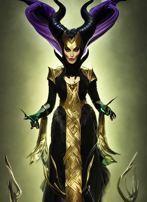 Image similar to loki as maleficent, naturel, hyper detailed, digital art, trending in artstation, cinematic lighting, studio quality, smooth render, unreal engine 5 rendered, octane rendered, art style by klimt and nixeu and ian sprigger and wlop and krenz cushart